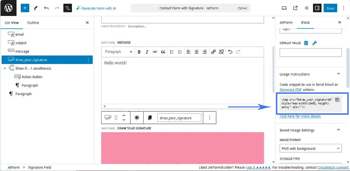 usage instruction settings of the signature field