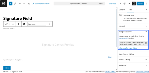 usage instructions settings of the signature field block