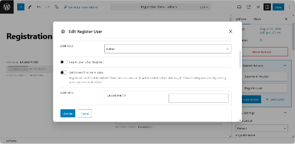 the user role drop-down list of the edit register user pop-up