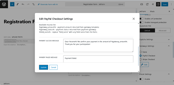 using macros for paypal checkout settings