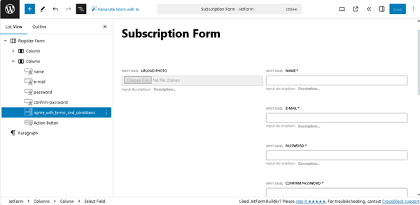 a form with fields created