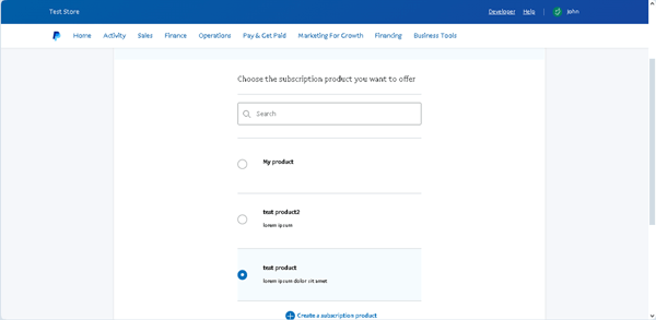choose the subscription product you want to offer paypal