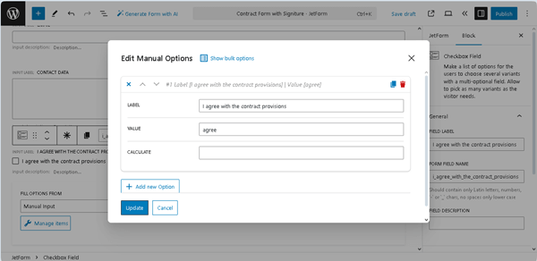 edit manual options pop-up of the checkbox field