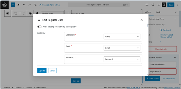 edit register user settings