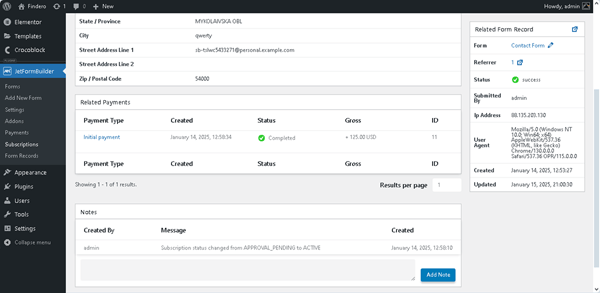 notes section of the subscription details