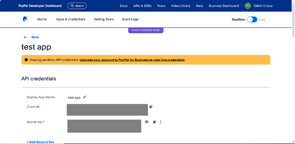 paypal client ID and secret key values