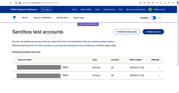 paypal sandbox test account page