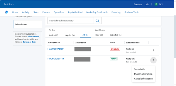 paypal subscriptions tab pause