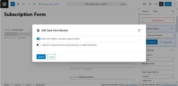 save form record settings