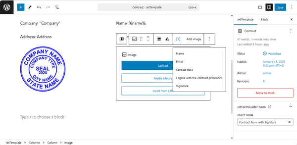 selecting the form field to insert into the template