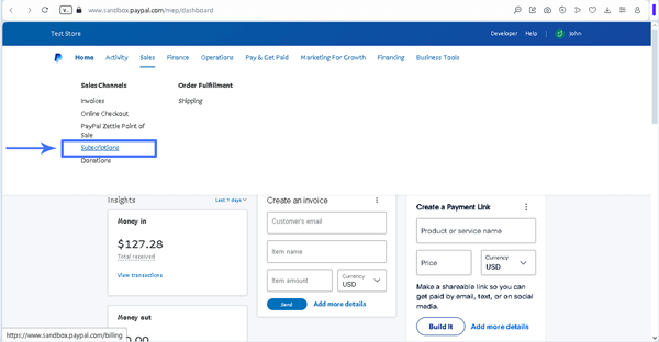 subscription tab of the paypal sandbox account