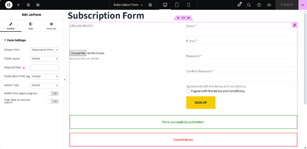 the jetform widget added to a page