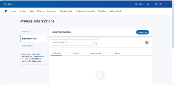 manage subscription tab of the test account