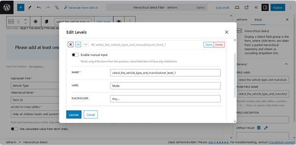 edit levels pop-up settings