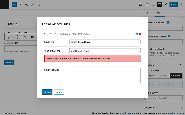 server-side callback is field value unique