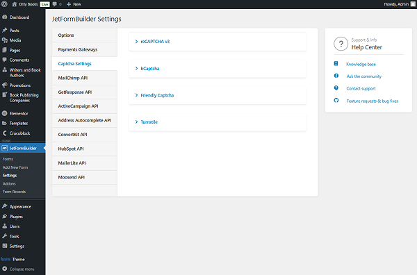 captcha settings tab