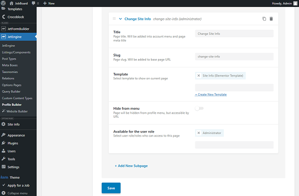 change site info template in the profile builder