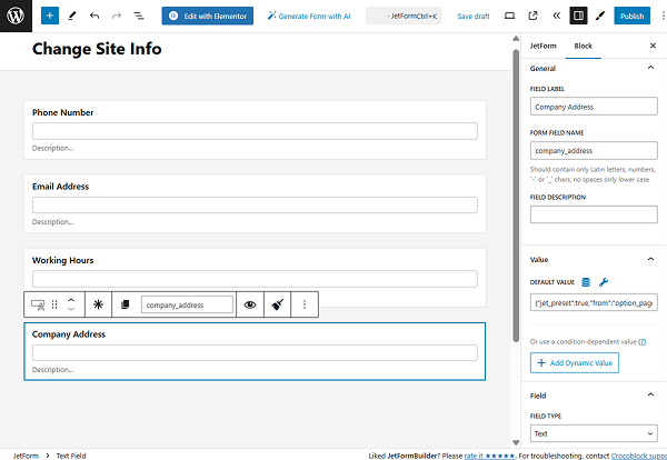 company address text field in the form