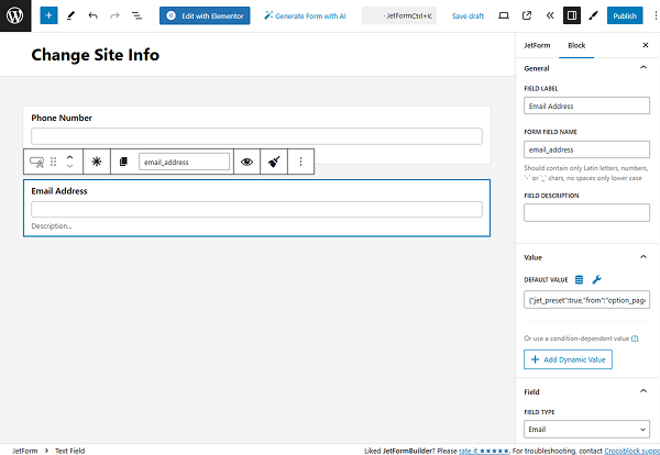 email text field in the form