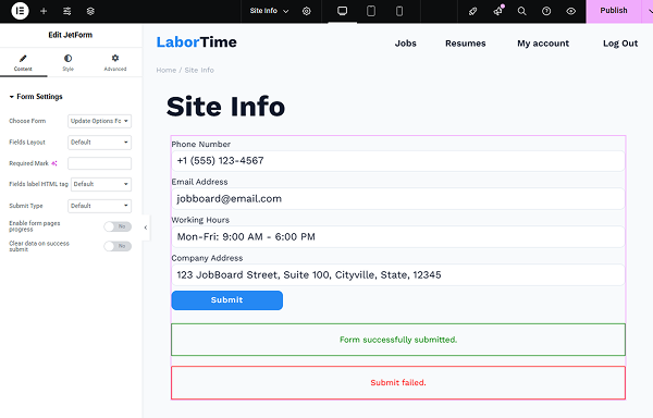 jetform widget added to template