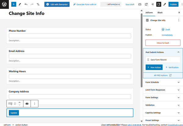 new action button in the post submit actions section