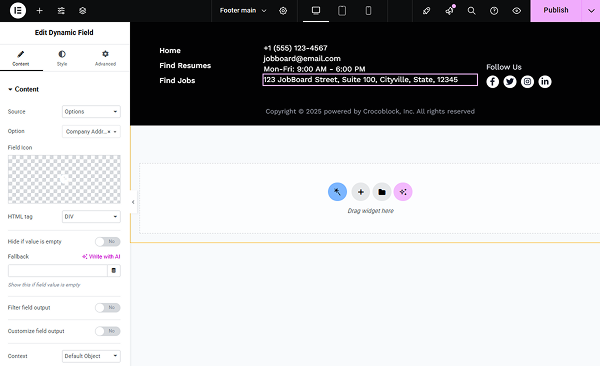 options dynamic fields added to the footer