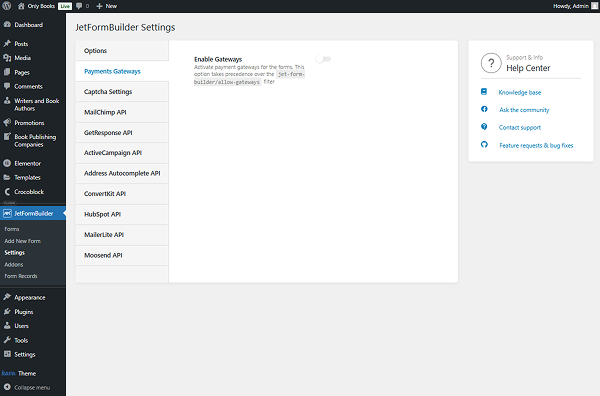 payments gateways tab