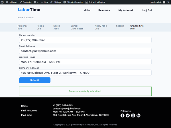 site info changed on the front end