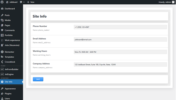 site info option page data completed