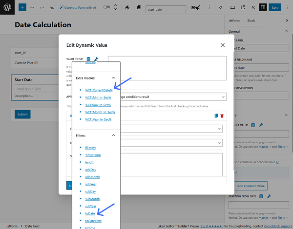 JetFormBuilder macro editor with %CTCurrentDate% and toDate filter selected