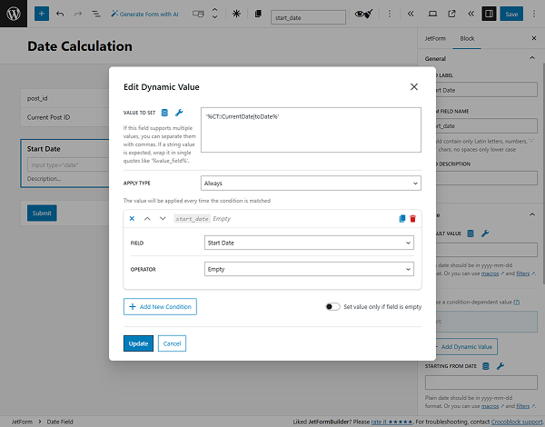 JetFormBuilder start date field with %CT::CurrentDate|toDate% macro condition