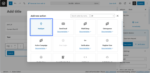 adding the hubspot post submit action