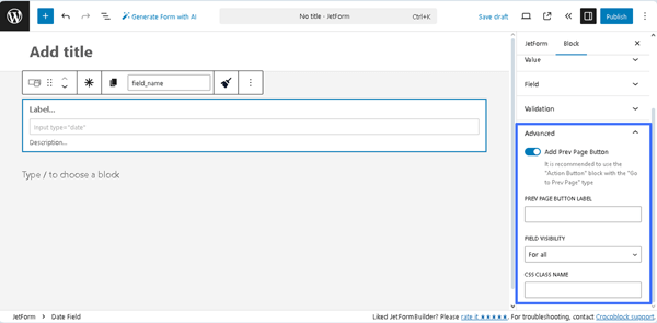 advanced settings of the date field block
