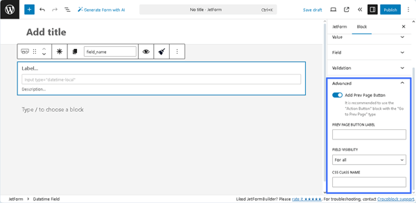 advanced settings of the datetime field block