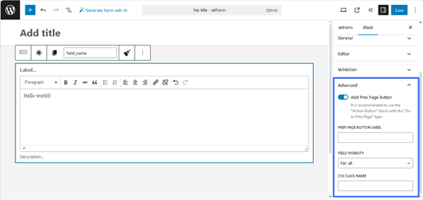 advanced settings of the wysiwyg field