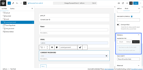 advanced validation type option