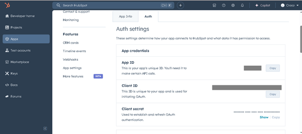 automatically filled out fields of the Auth tab