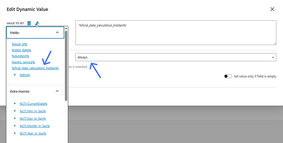 calculated field name as the dynamic value