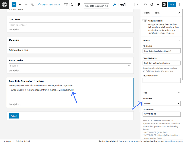 calculated field settings to calculate the total timestamp in milliseconds