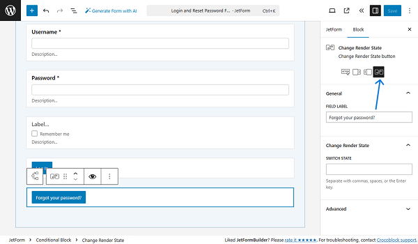 change render state button set up for login block