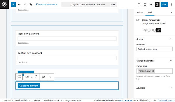 change render state button set up for reset password block
