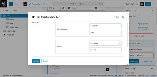 configuring the insert and update user post settings