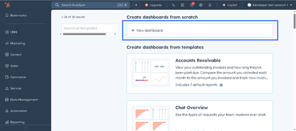 creating new dashboard for test account