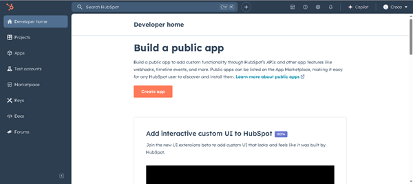 developer home tab of the hubspot account