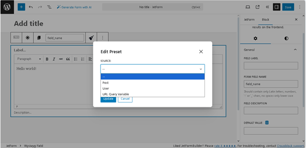 edit preset pop-up