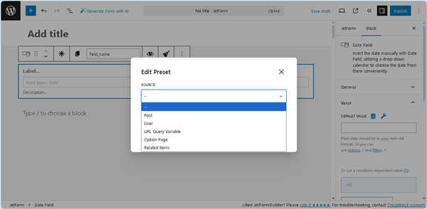 edit preset pop-up