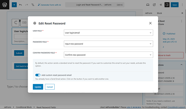 edit reset password action set up