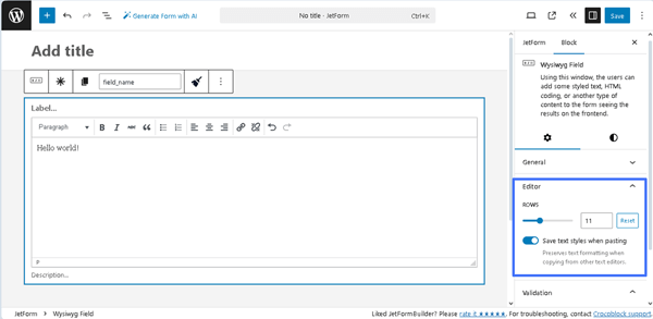 editor settings of the wysiwyg field