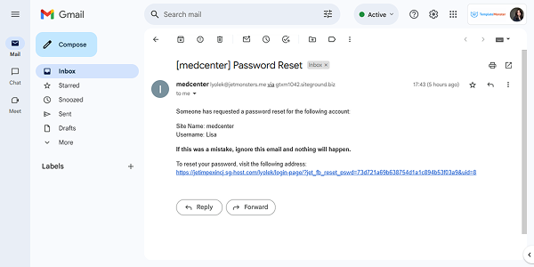 email message with the link for resetting the password