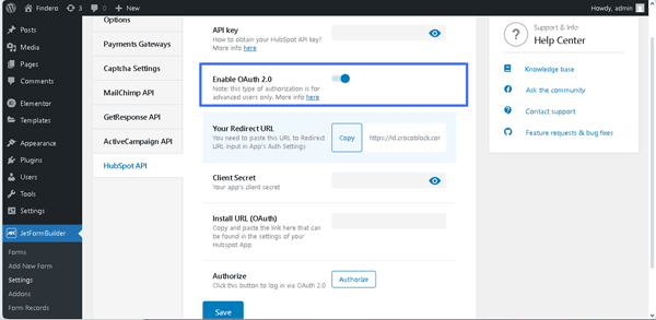 enabling the oauth 2.0 toggle in the jetformbuilder settings
